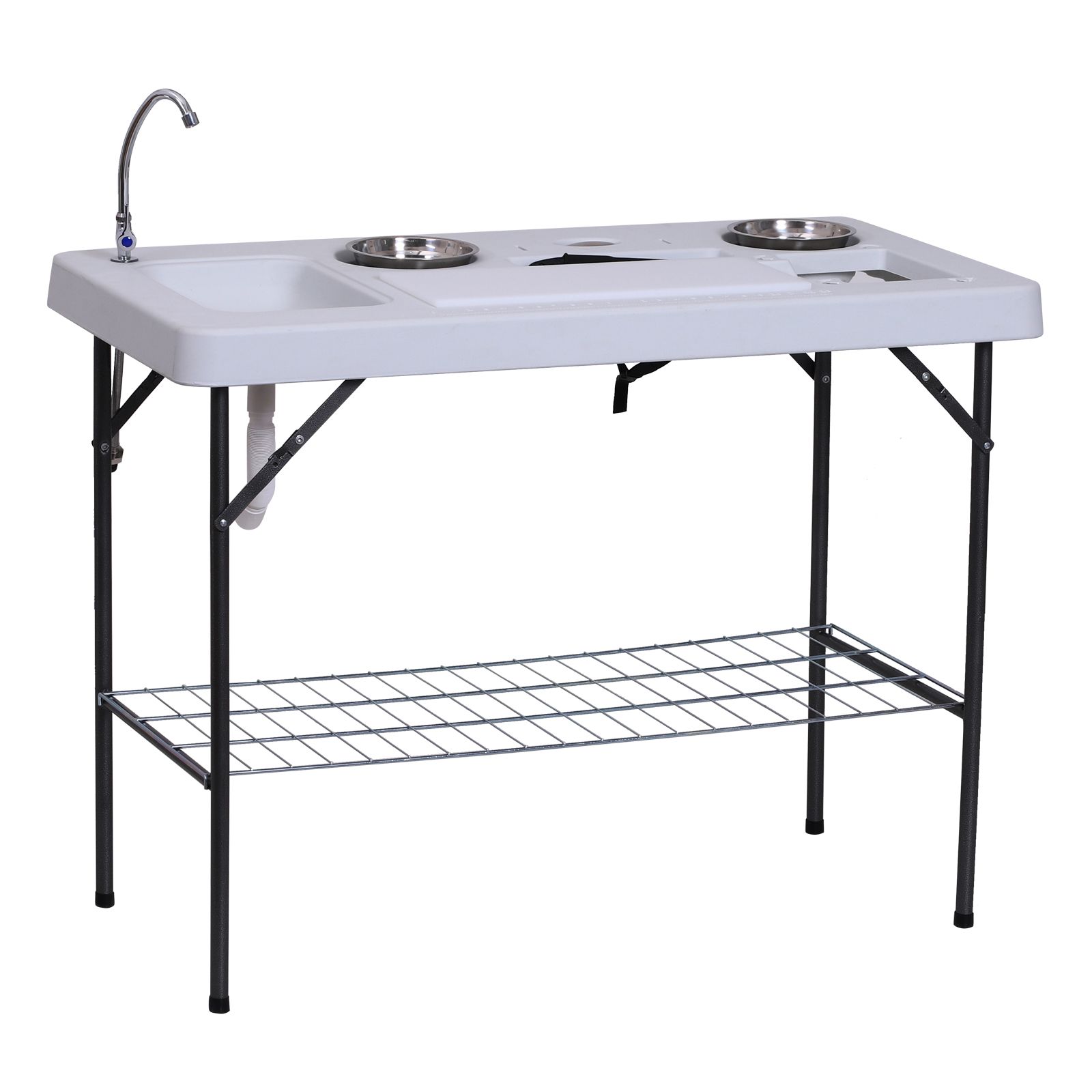 Camping Table 50 with Sink Faucet Stainless Steel Basins Fish Cleaning