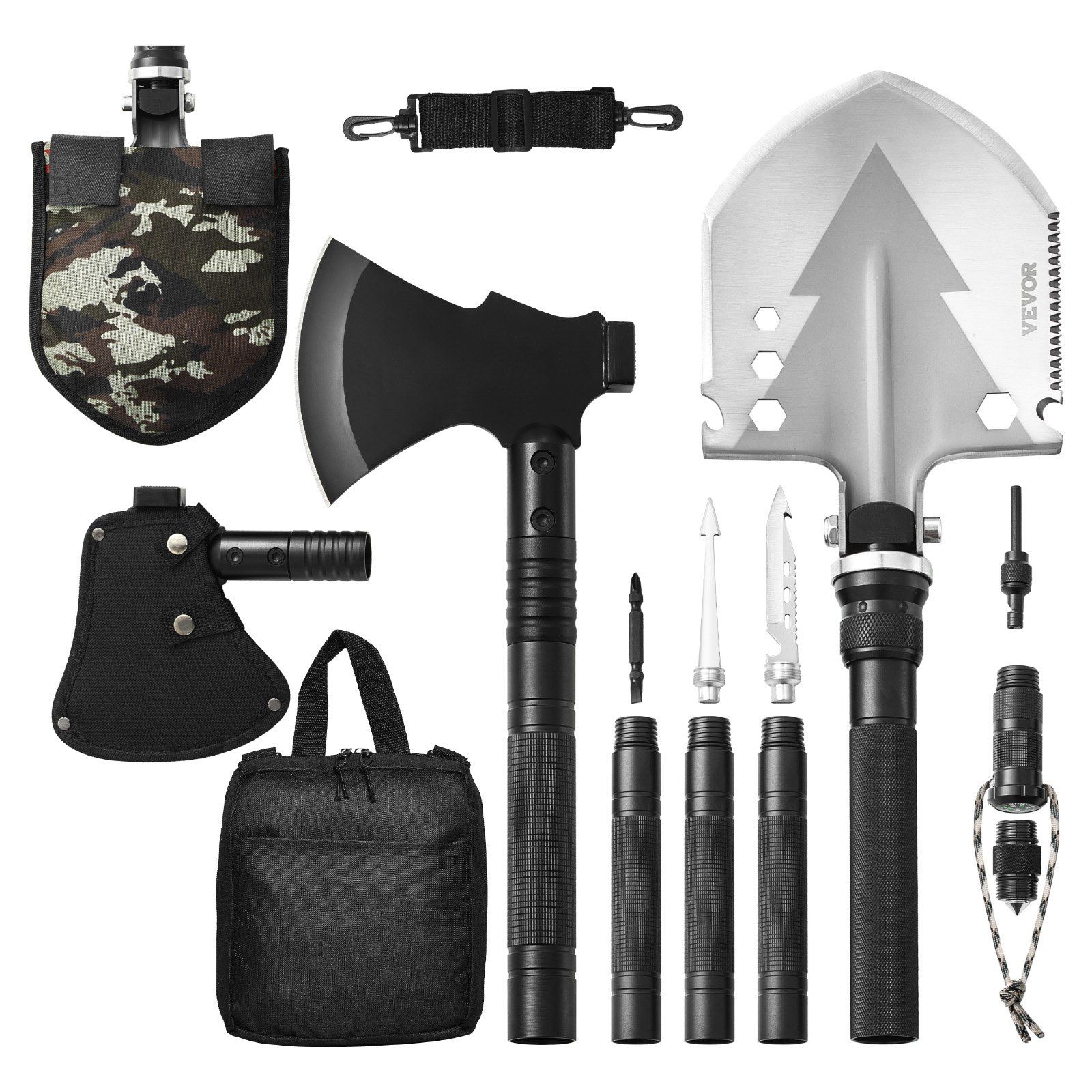VEVOR Survival Shovel Survival Axe, 16-in-1 Camping Folding Shovels with Hatchet, Stainless Steel Tactical Shovel Hatchet Combo