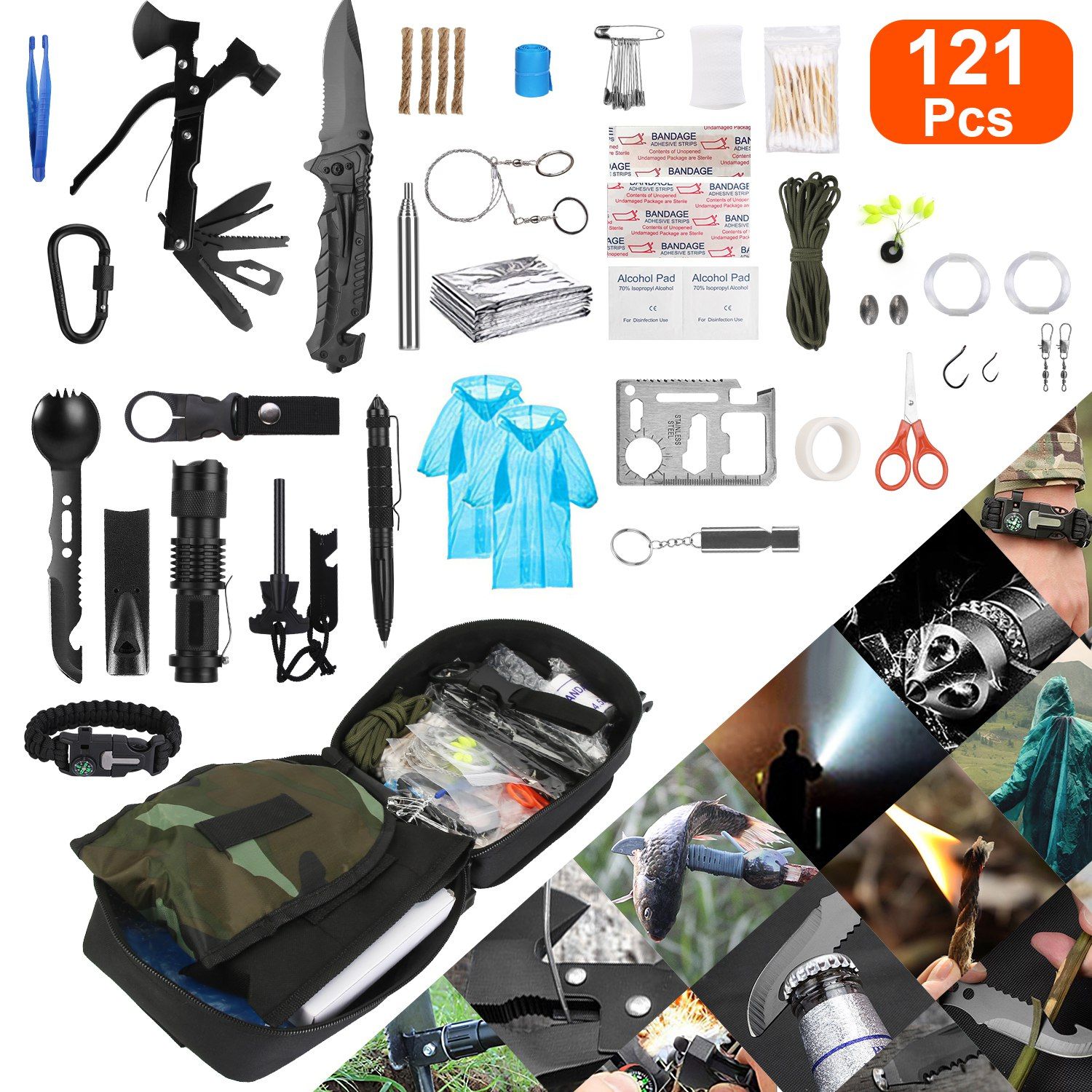121Pcs Survival Kits Professional Emergency Survival Gear Tactical First Aid Kit Supplies for Outdoor Adventure Camping Hiking Hunting
