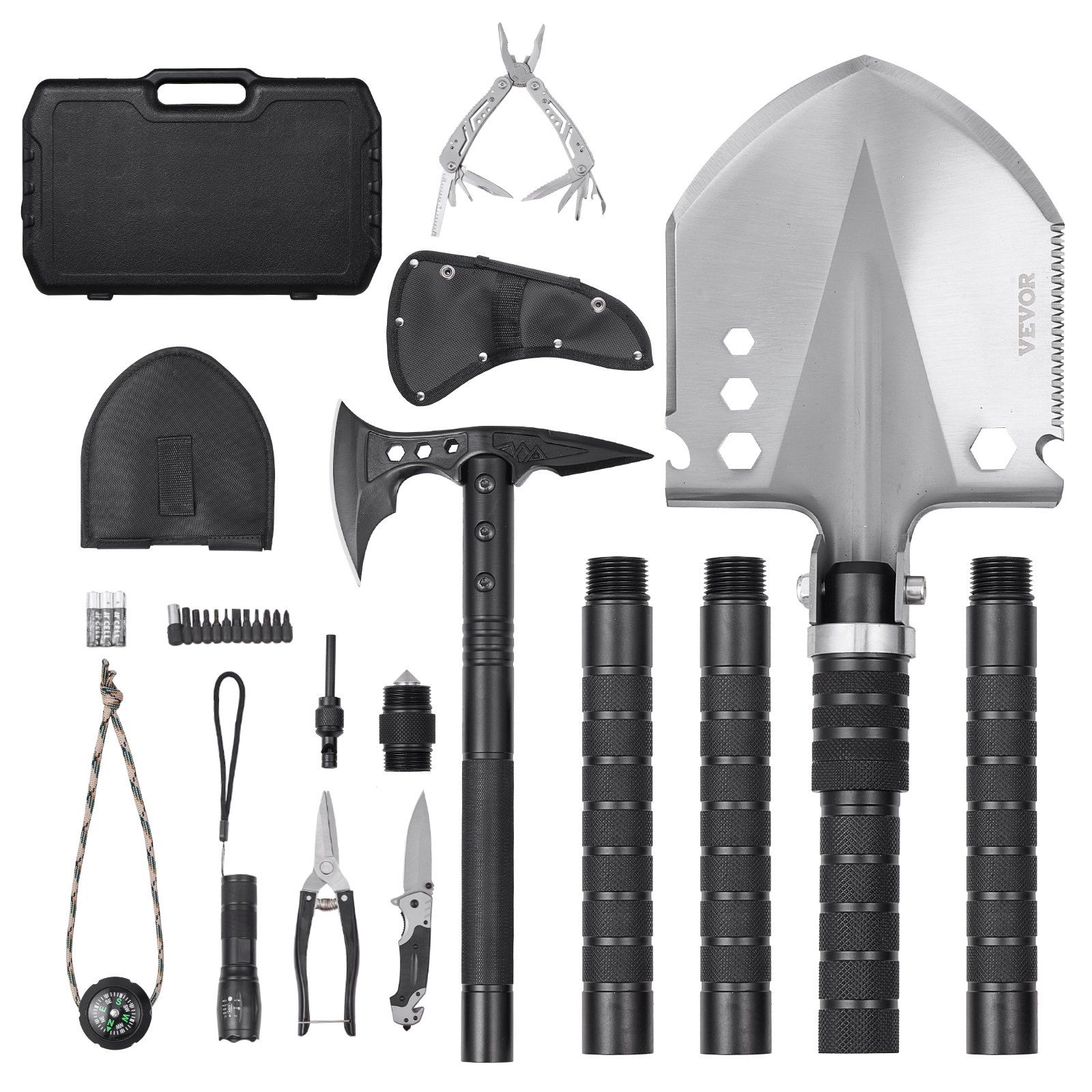 VEVOR Survival Shovel Survival Axe, 28-in-1 Camping Folding Shovels with Hatchet, Stainless Steel Tactical Shovel Hatchet Combo