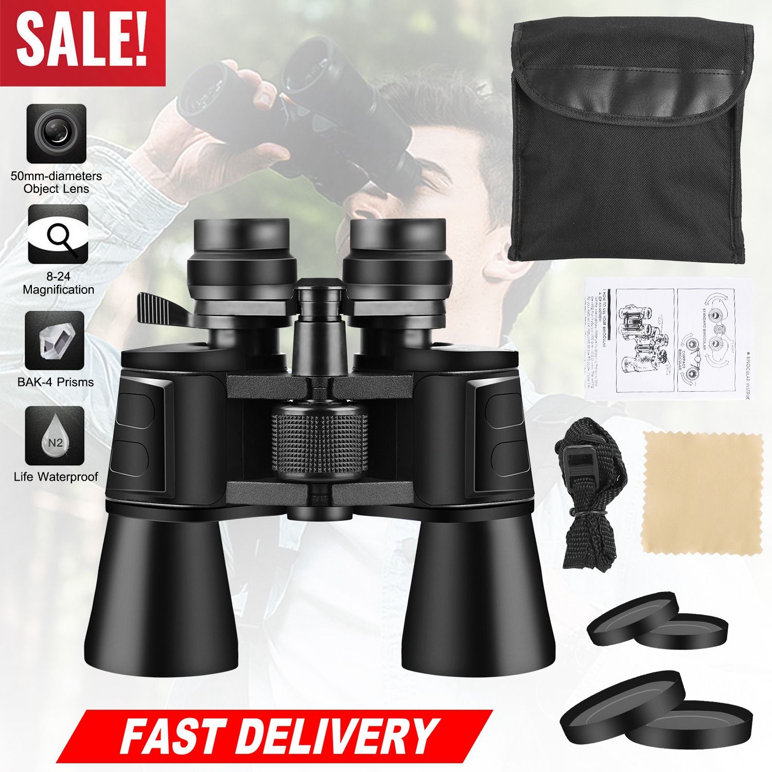 10-180X100 High-Powered Binoculars, 8-24x Magnification, 50mm Objective Lens, Low Light Night Vision, Multi-Layer Coated Aspherical Lenses