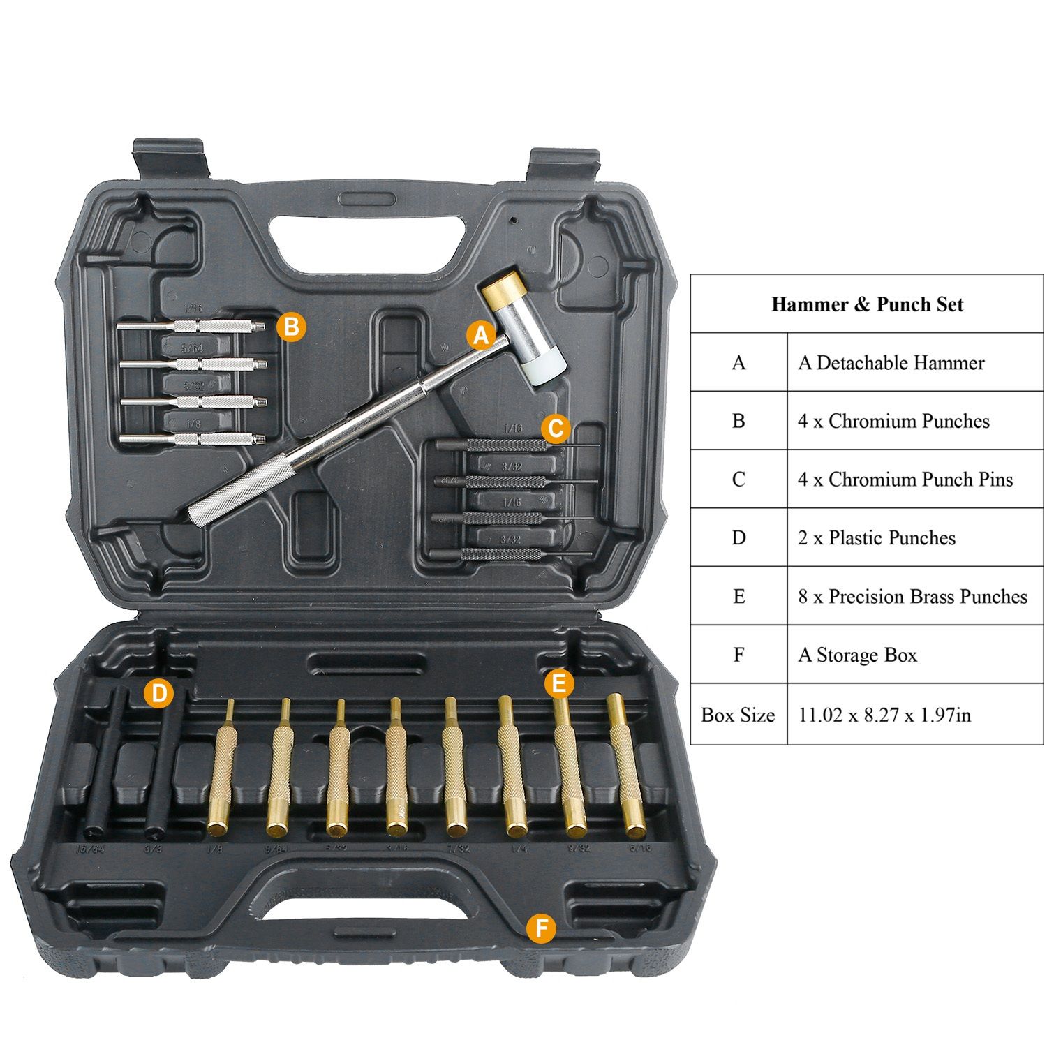 19Pcs Hammer Punch Set Drift Pin Punch Kit w/ Brass Chromium Plastic Punches for Gunsmithing Maintenance Armorers Watch Jewelry Craft w/ Portable Stor