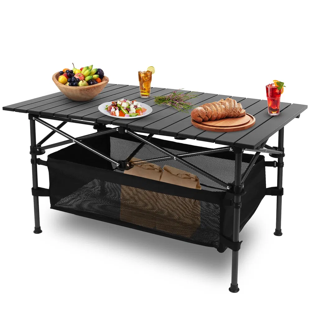Folding Camping Table Portable Lightweight Aluminum Roll-up Picnic BBQ Desk With Carrying Bag Heavy Duty Outdoor Beach Backyard Party Patio (Option: Black)