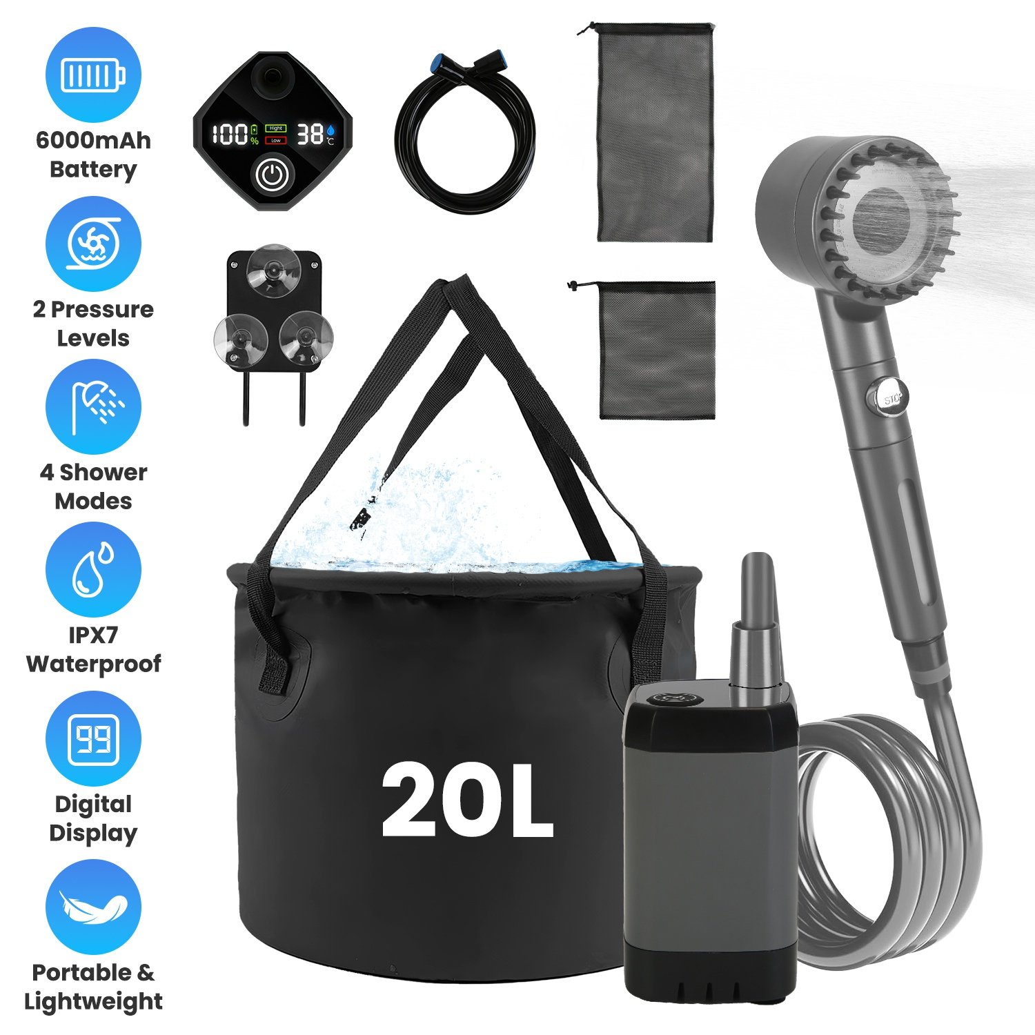 1Pc Portable Shower For Camping Include IPX7 Waterproof 6000mAh Rechargeable Shower Filtered Shower Head 5.3Gallon Foldable Bucket For Hiking Bea (Option: Black)