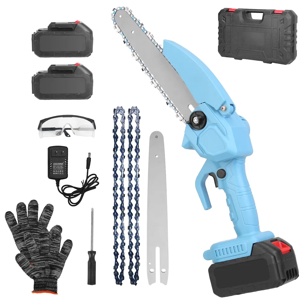 Electric Mini Chainsaw Portable Handheld Cordless Small Chain Saw Battery Powered With 2Pcs 1200mAh Rechargeable Batteries 8in Chains Gloves Gogg (Option: blue)