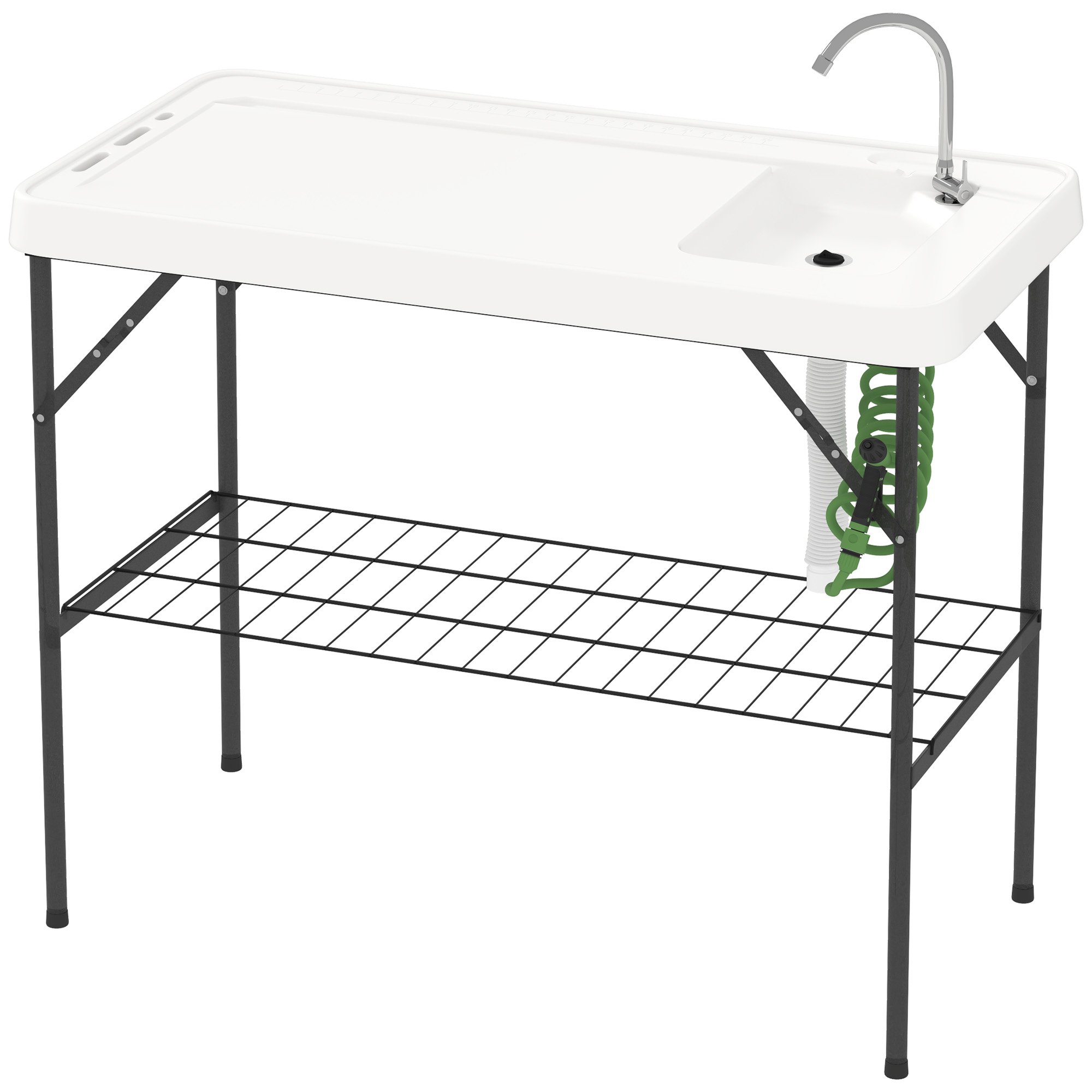 Folding Fish Cleaning Table With Sink, Portable Camping Table With Faucet, Drainage Hose, Sprayer And Shelf, White (Option: White)