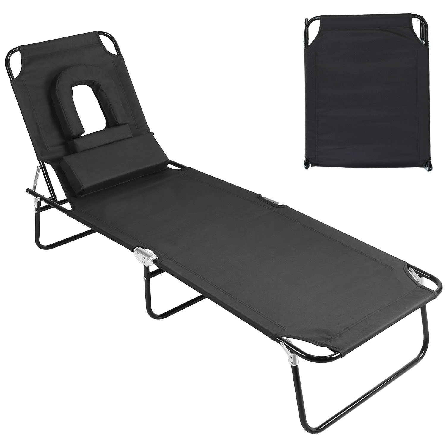 1Pc Folding Beach Lounge Chair Face Down Tanning Chaise Sunbathing Recliner 265LBS Max Load With 5-Angle Backrest 3 Removable Pillows For Beach P (Option: Black)