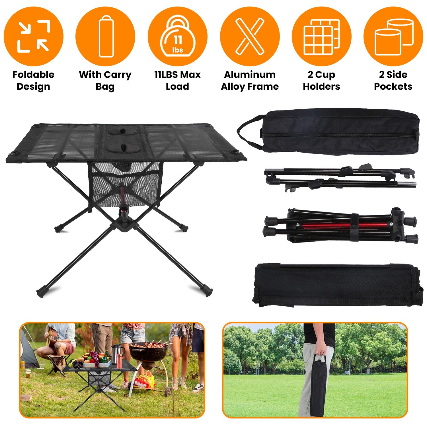 1Pc Portable Folding Camping Table Foldable Beach Table Aluminum Alloy Frame With 2 Cup Holders 2 Side Pockets Carry Bag For Picnic Camping Hikin (Option: Black)