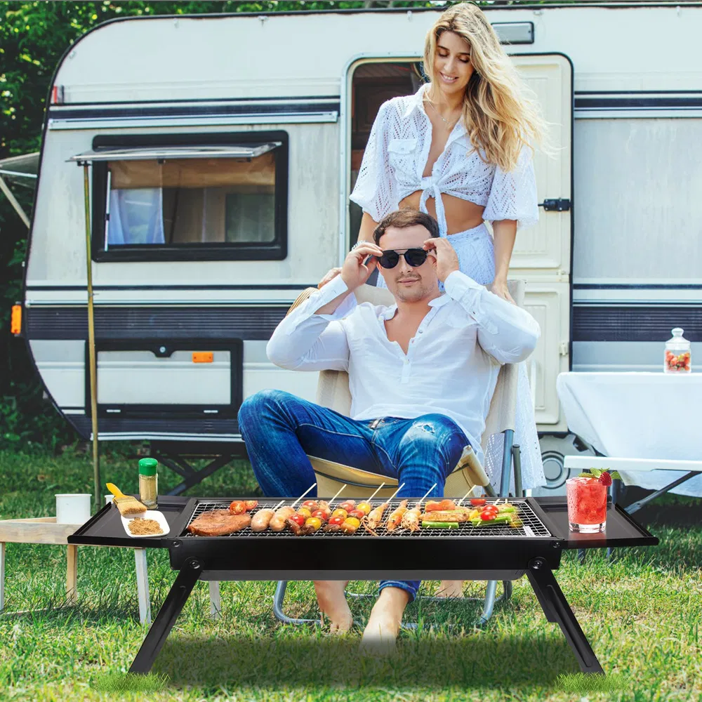 Folding Charcoal BBQ Grill Stainless Steel Grill With Shelf Net Easy Setup For Camping Picnic Outdoor Party Backyard (Option: Black)