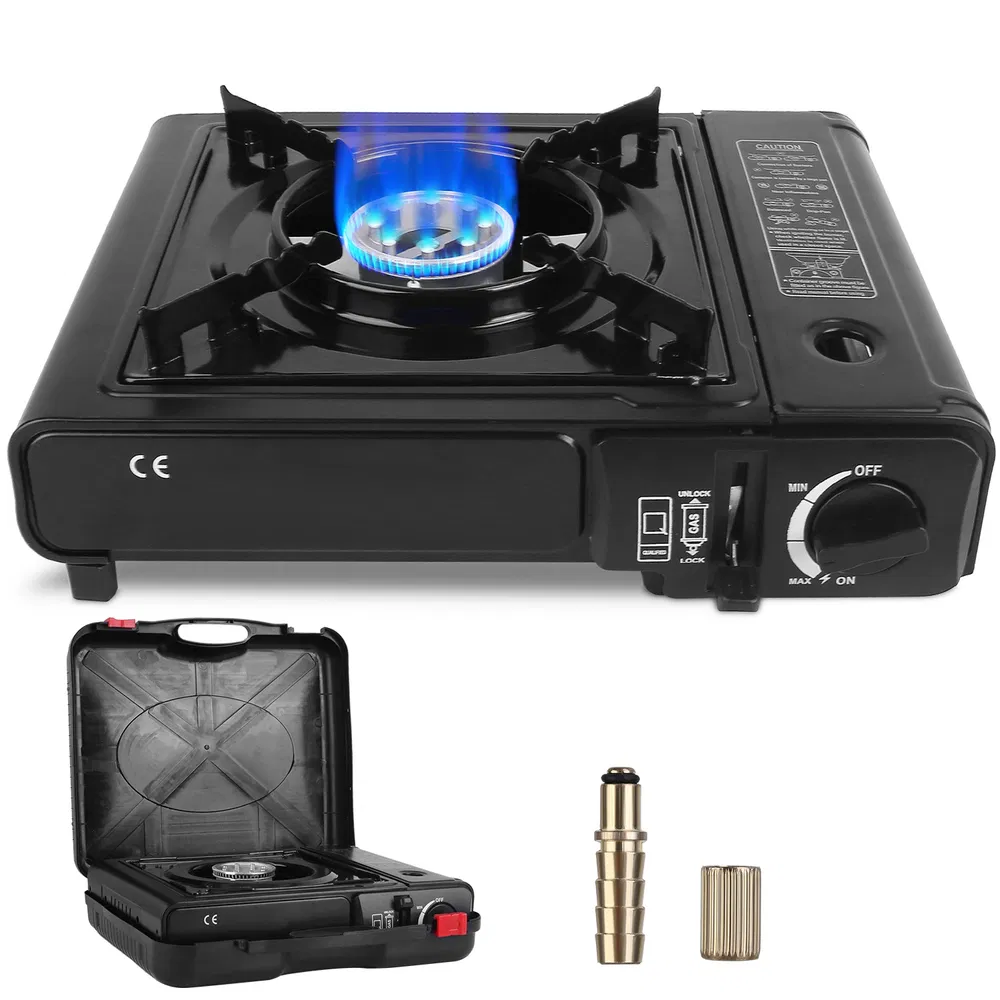 3300W Portable Camping Stove Butane Canister Dual Fuel Burner Piezo Electric Ignition Single Burner With Automatic Tank Ejection Overpressure Cut (Option: Black)