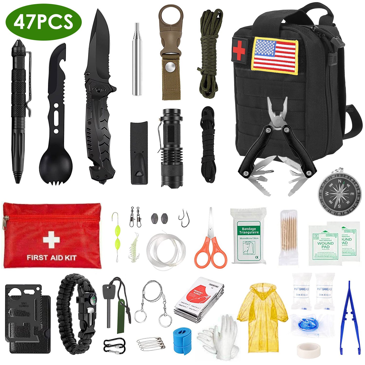 47Pcs Emergency Survival Kit Survival EDC Gear Equipment Tool First Aid Supplies Kit Tools With Pouch For Hiking Hunting Disaster Camping Adventu (Option: Multicolor)