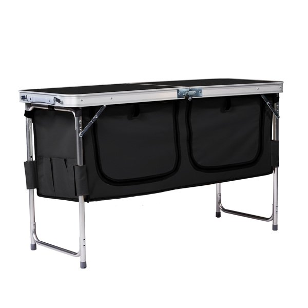 4ft 47cm Wide Black Outdoor Folding Table, Aluminum Alloy Rectangular, Two-fold Tabletop With Black Fabric Cupboard, 3 Height Adjustments. (Option: Black)