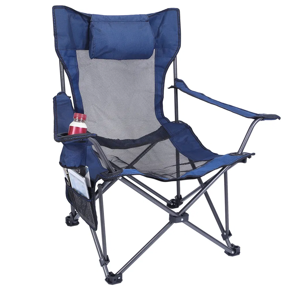 Foldable Camping Chair Collapsible Reclining Chair 330LBS Load Heavy Duty Steel Lawn Chair With Reclining Backrest Angle Cup Holder Pillow Side P (Option: blue)