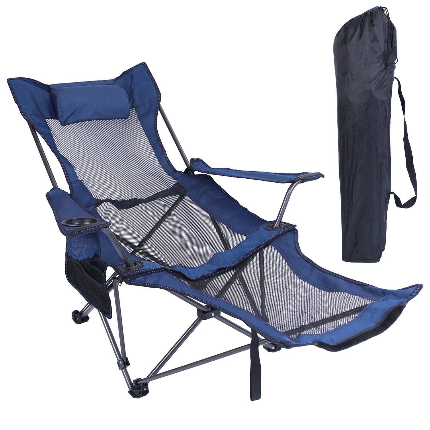 1Pc Foldable Camping Chair 330LBS Load Heavy Duty Steel Lawn Chair Collapsible Chair With Reclining Backrest Angle Cup Holder Pillow Side Pocket (Option: blue)