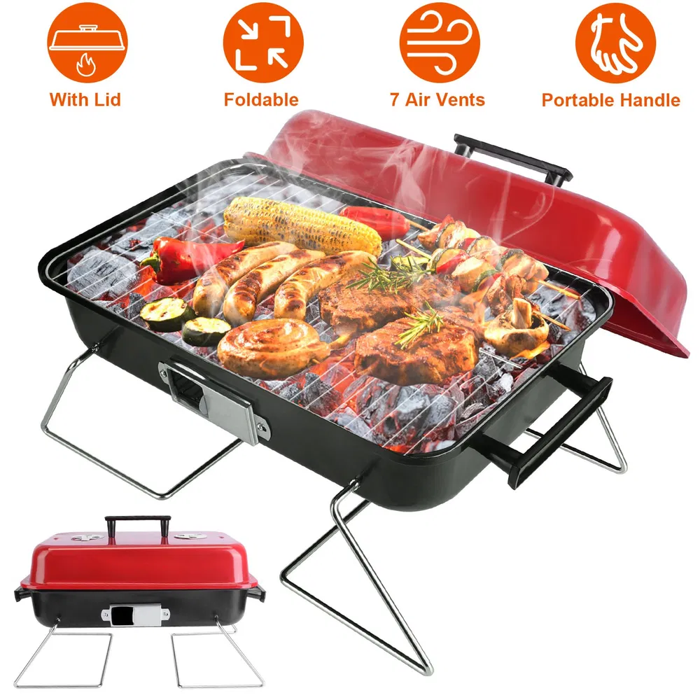 Portable Barbecue Smoker Charcoal Grill Outdoor Tabletop Grill Small Folding With Lid For Backyard Camping Picnics Beach (Option: Black)