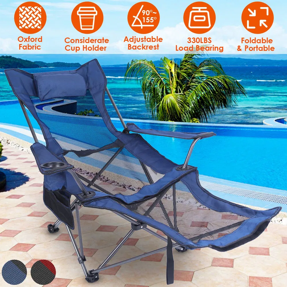 Foldable Camping Chair 330LBS Load Heavy Duty Steel Lawn Chair Collapsible Chair With Reclining Backrest Angle Cup Holder Pillow Side Pocket Carr (Option: blue)