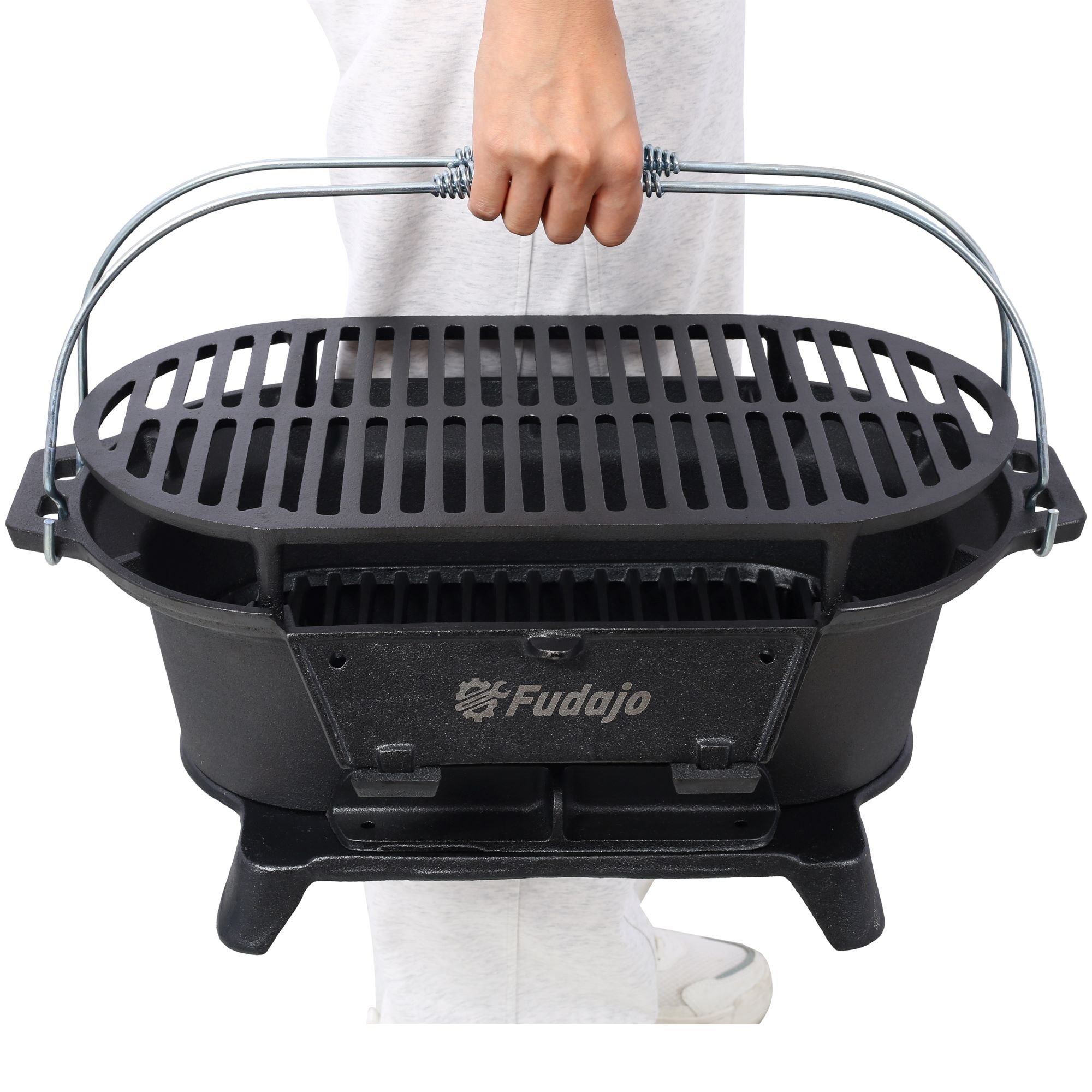 Outdoor Oval Cast Iron Grill, Portable Charcoal Grill, And Desktop Cast Iron Frying Pan (Option: Black)